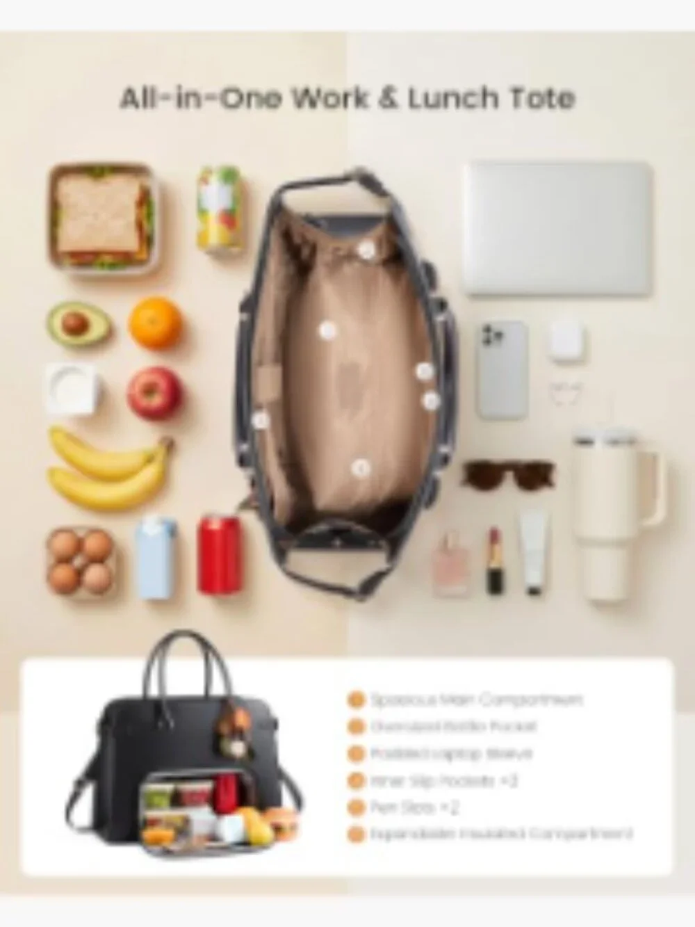 Insulated Lunch Tote Bag with Laptop Compartment, Expandable Leather Work Tote,